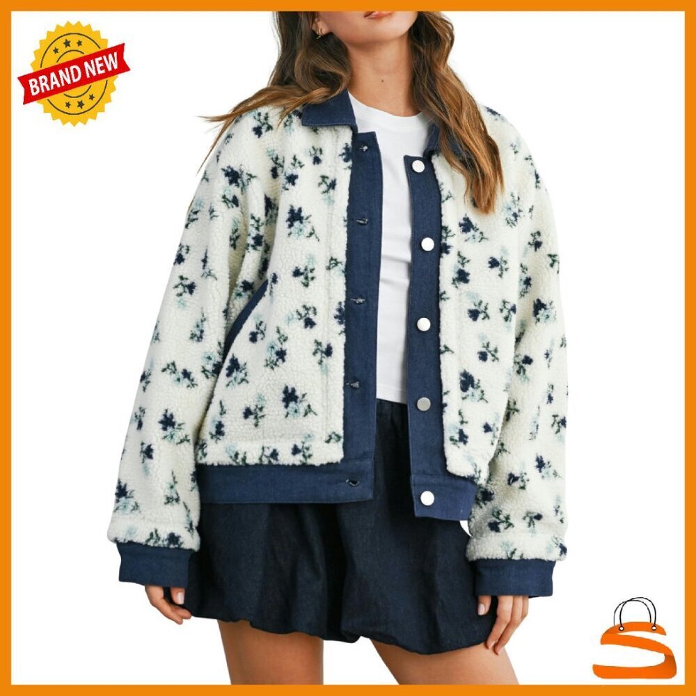 Oversized Sherpa Fleece Jacket with Denim Collar & Pockets